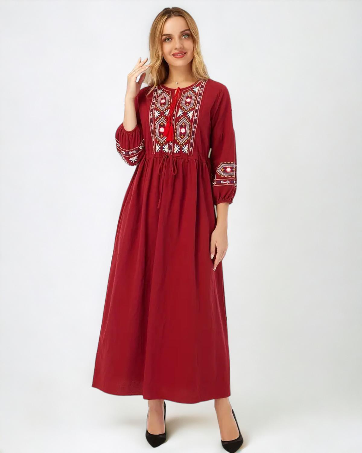 Shop Ethnic Embroidered High Waist Drawstring Maxi Dress by Malbusaat, versatile Maxi Dress at Malbusaat. Ready-made desi suits, Pakistani designer dresses online UK.