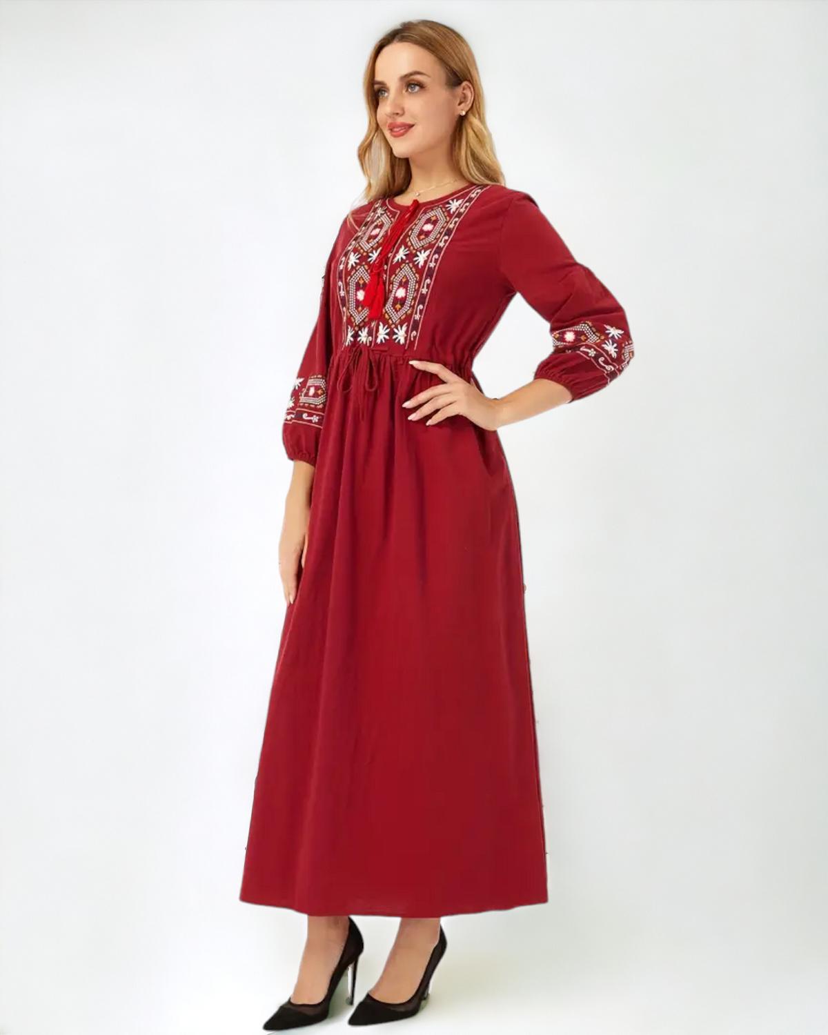 Shop Ethnic Embroidered High Waist Drawstring Maxi Dress by Malbusaat, versatile Maxi Dress at Malbusaat. Ready-made desi suits, Pakistani designer dresses online UK.