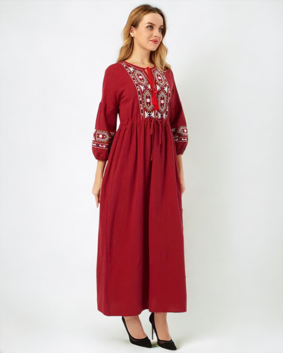 Shop Ethnic Embroidered High Waist Drawstring Maxi Dress by Malbusaat, versatile Maxi Dress at Malbusaat. Ready-made desi suits, Pakistani designer dresses online UK.