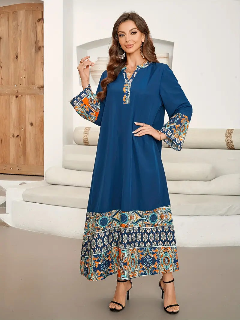 Shop Ethnic Print Color Block Kaftan Abaya Maxi by Malbusaat, versatile Maxi Dress at Malbusaat. Ready-made desi suits, Pakistani designer dresses online UK.