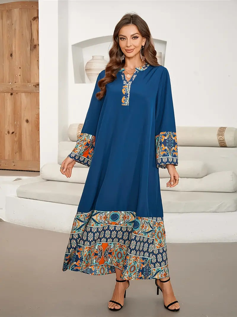 Shop Ethnic Print Color Block Kaftan Abaya Maxi by Malbusaat, versatile Maxi Dress at Malbusaat. Ready-made desi suits, Pakistani designer dresses online UK.