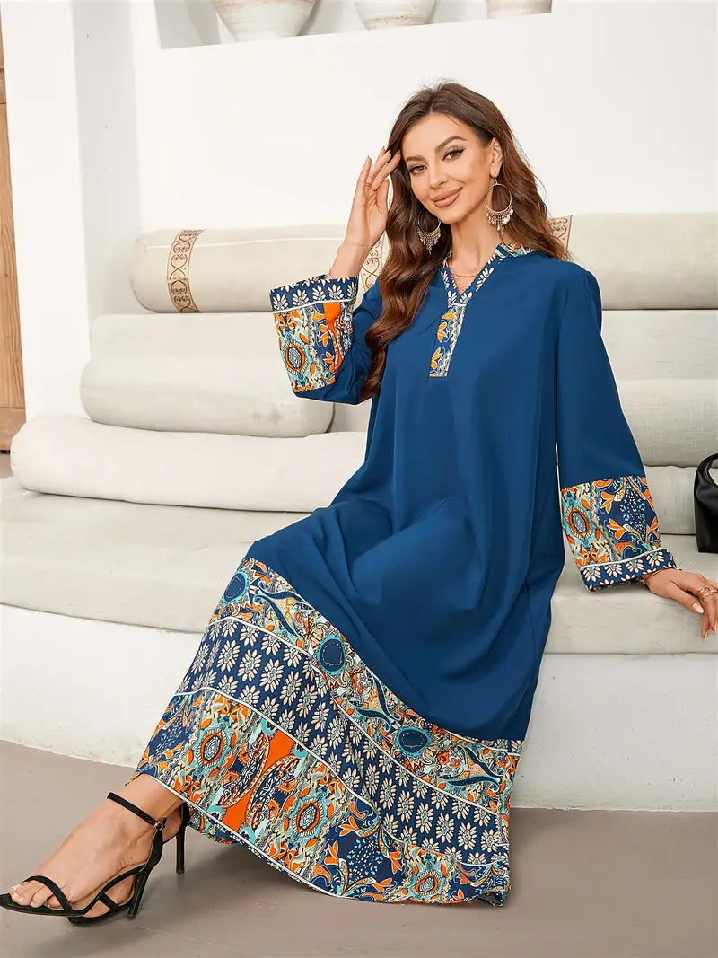 Shop Ethnic Print Color Block Kaftan Abaya Maxi by Malbusaat, versatile Maxi Dress at Malbusaat. Ready-made desi suits, Pakistani designer dresses online UK.