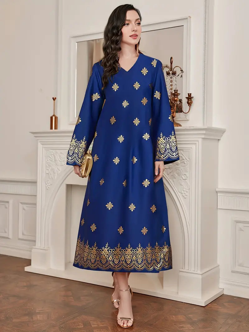 Shop Ethnic Print V-Neck Kaftan Dress by Malbusaat, versatile Maxi Dress at Malbusaat. Ready-made desi suits, Pakistani designer dresses online UK.