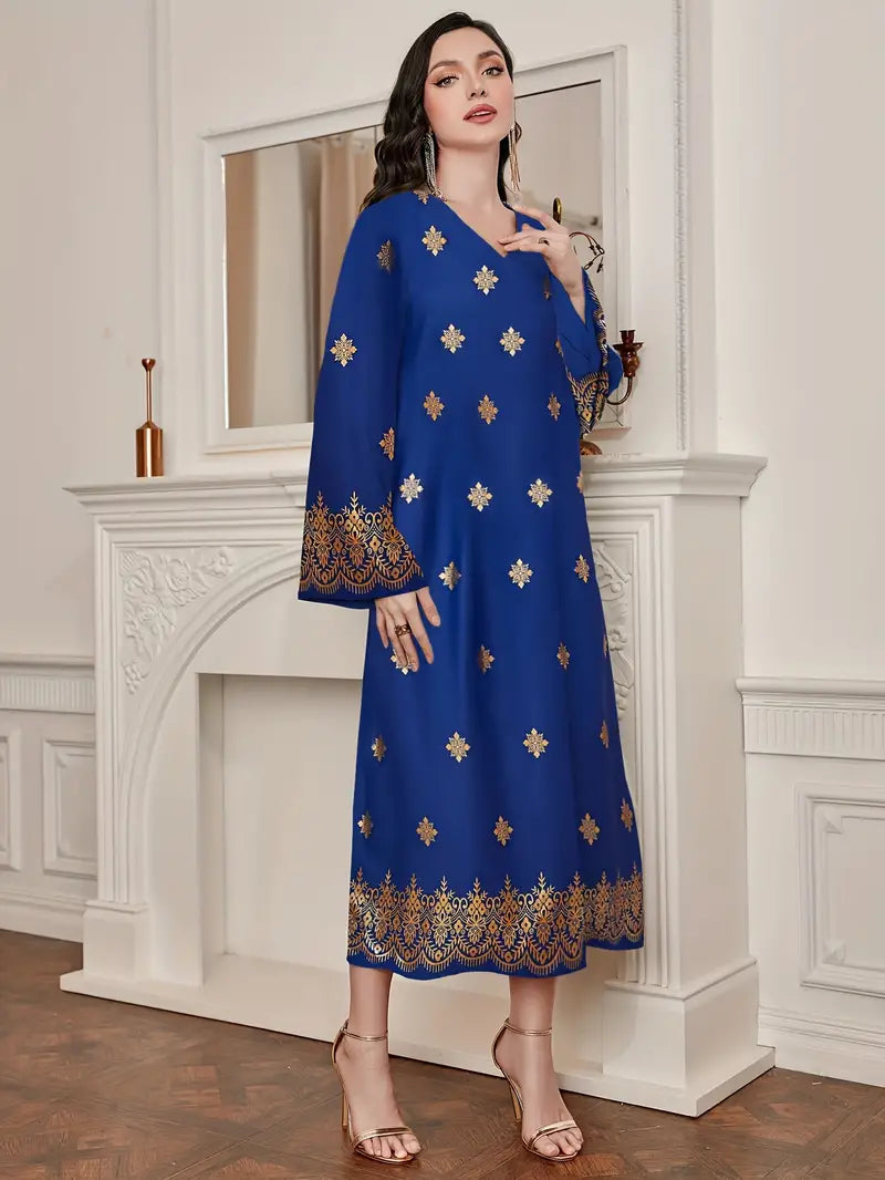 Shop Ethnic Print V-Neck Kaftan Dress by Malbusaat, versatile Maxi Dress at Malbusaat. Ready-made desi suits, Pakistani designer dresses online UK.