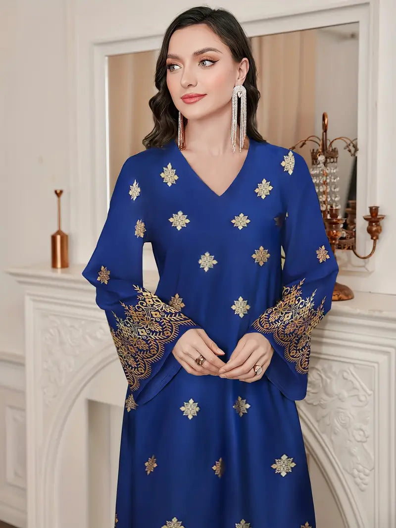 Shop Ethnic Print V-Neck Kaftan Dress by Malbusaat, versatile Maxi Dress at Malbusaat. Ready-made desi suits, Pakistani designer dresses online UK.