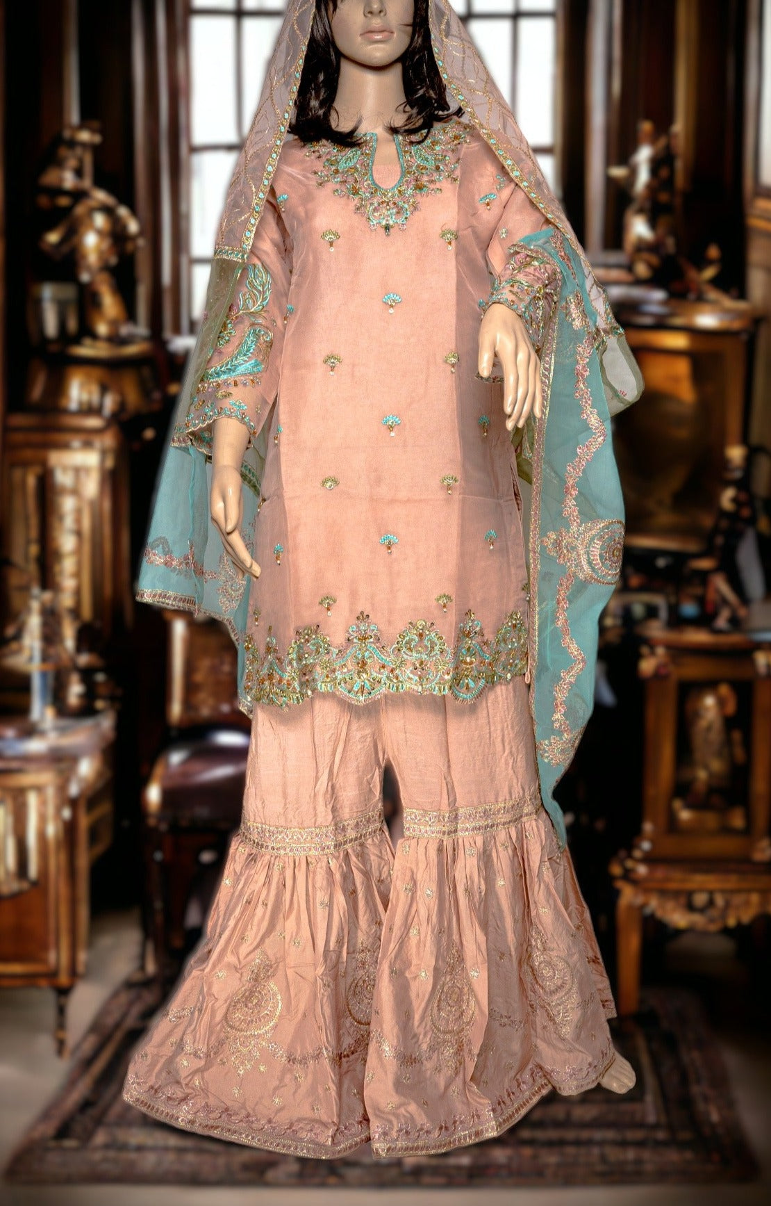PEACH SHARARA DRESS WITH ORGANZA DUPATTA Pakistani Pakistani Dresses malbusaat.co.uk