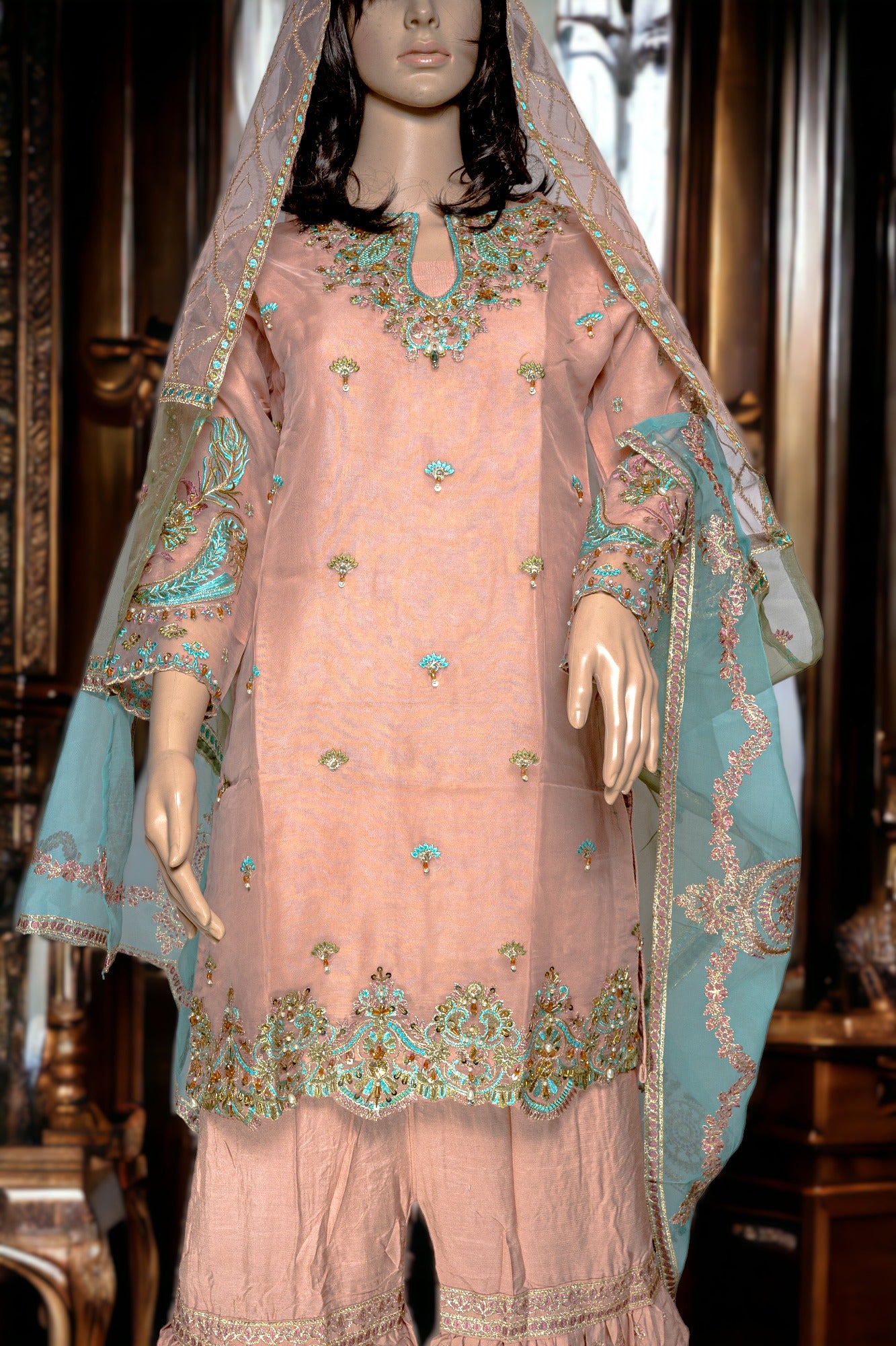 PEACH SHARARA DRESS WITH ORGANZA DUPATTA Pakistani Pakistani Dresses malbusaat.co.uk