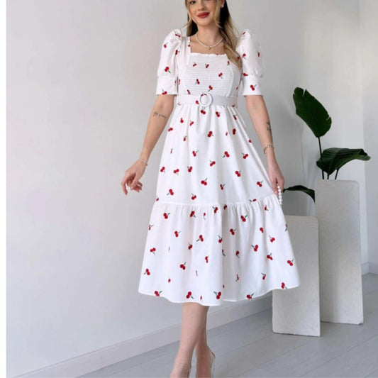 Shop Floral Graphic Midi Dress with Square Neck and Puff Sleeves by Malbusaat, versatile  at Malbusaat. Ready-made desi suits, Pakistani designer dresses online UK.