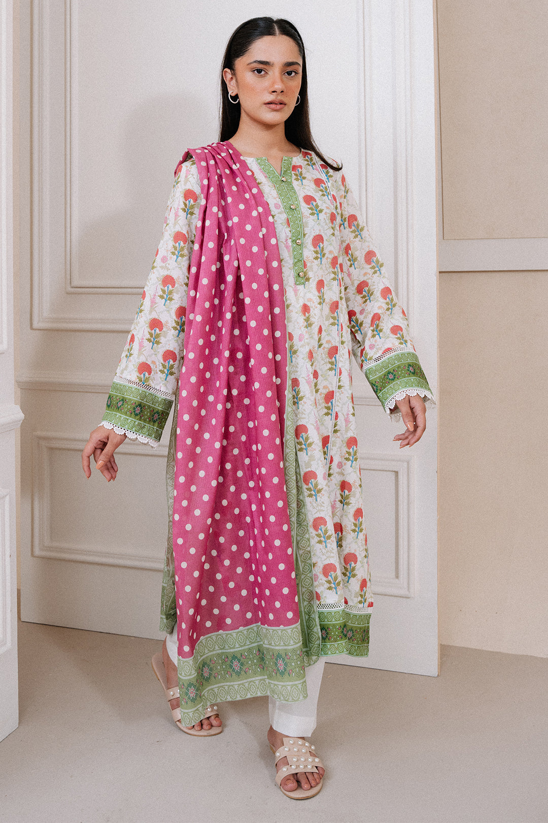 Shop Floral Kurta with Polka Dot Scarf by Malbusaat, versatile Pakistani Dresses at Malbusaat. Ready-made desi suits, Pakistani designer dresses online UK.