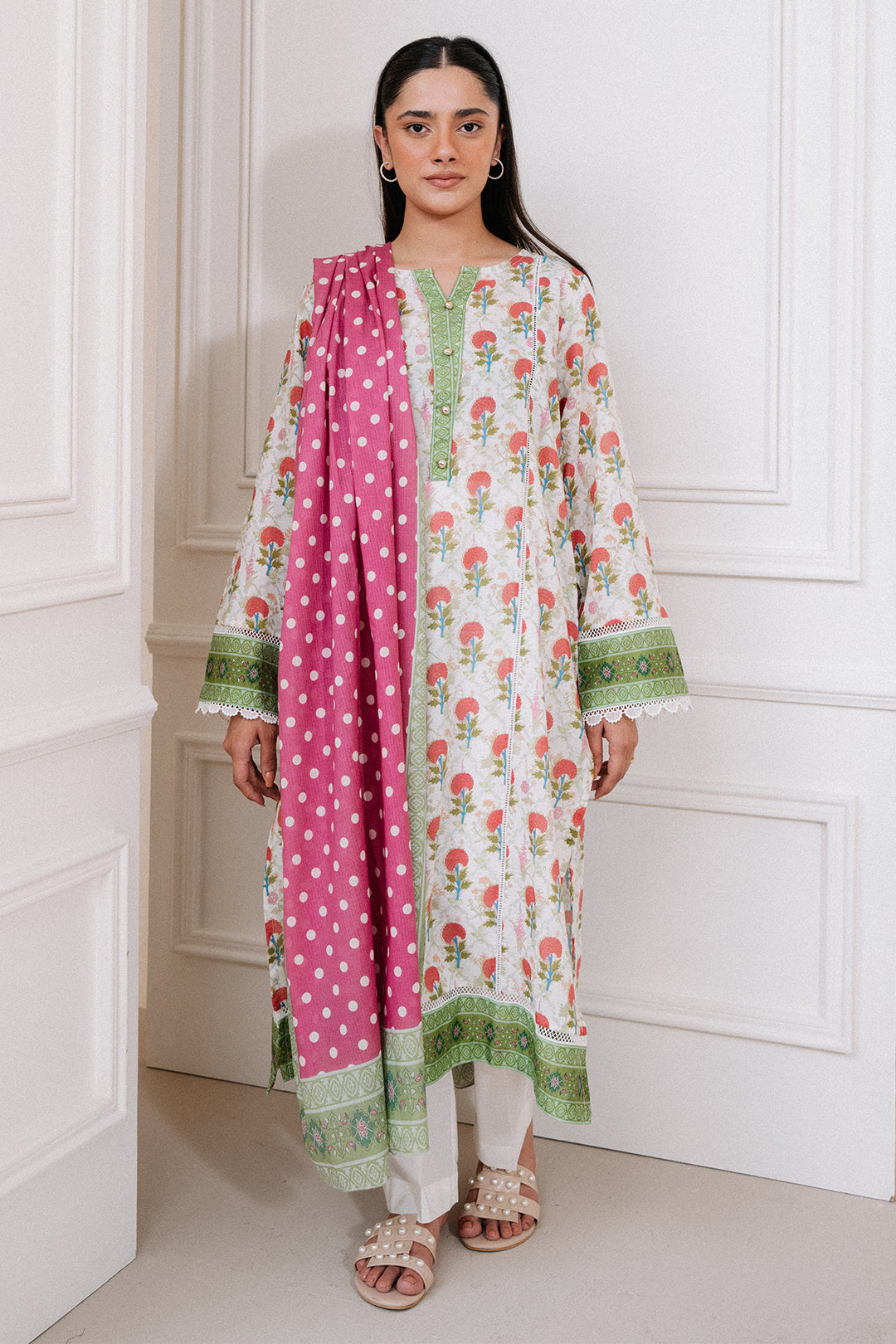 Shop Floral Kurta with Polka Dot Scarf by Malbusaat, versatile Pakistani Dresses at Malbusaat. Ready-made desi suits, Pakistani designer dresses online UK.