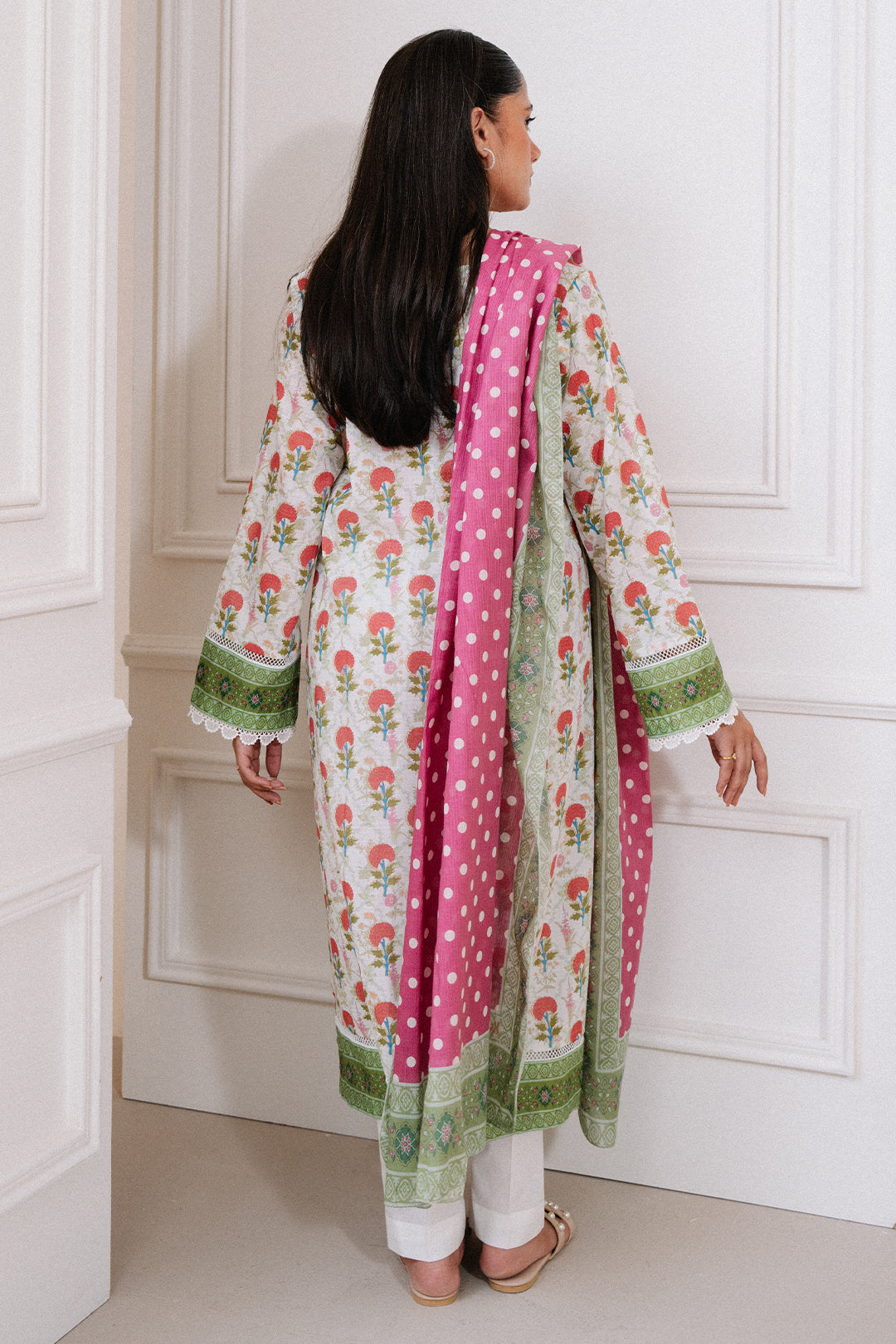 Shop Floral Kurta with Polka Dot Scarf by Malbusaat, versatile Pakistani Dresses at Malbusaat. Ready-made desi suits, Pakistani designer dresses online UK.