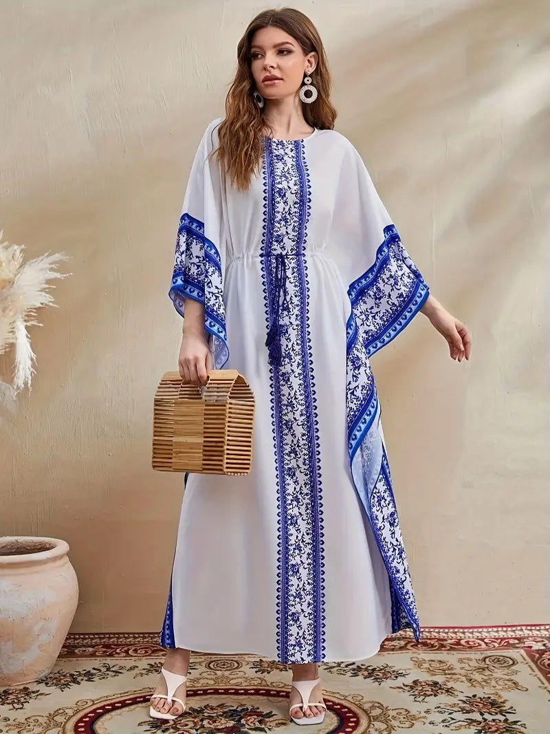 Floral Print Crew Neck Kaftan Maxi Dress in - by Malbusaat