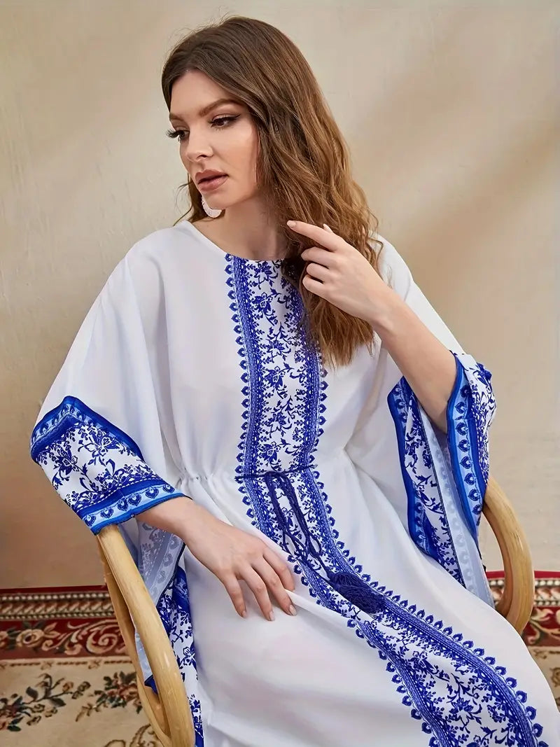 Shop Floral Print Crew Neck Kaftan Maxi Dress by Malbusaat, versatile  at Malbusaat. Ready-made desi suits, Pakistani designer dresses online UK.