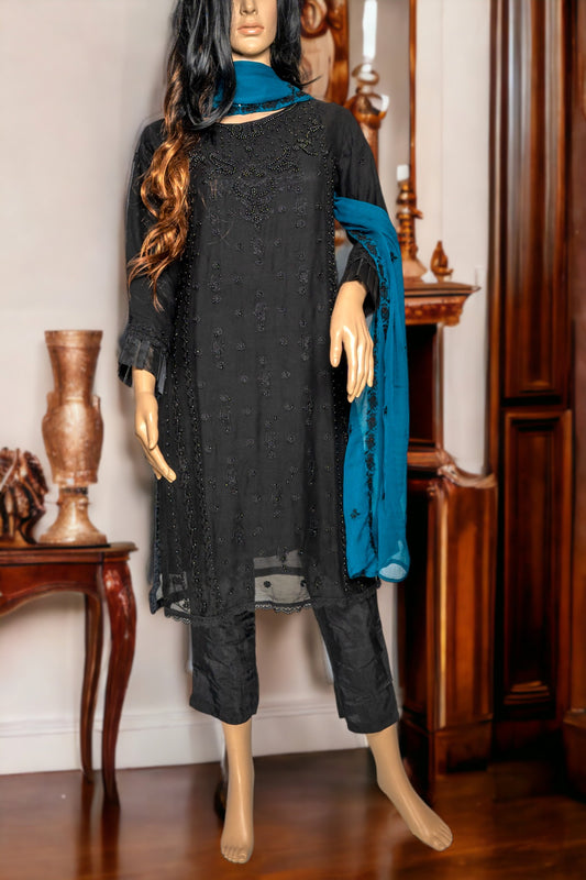 Shop Formal Chiffon Pearl Work Dress by Malbusaat, versatile Pakistani Dress at Malbusaat. Ready-made desi suits, Pakistani designer dresses online UK.