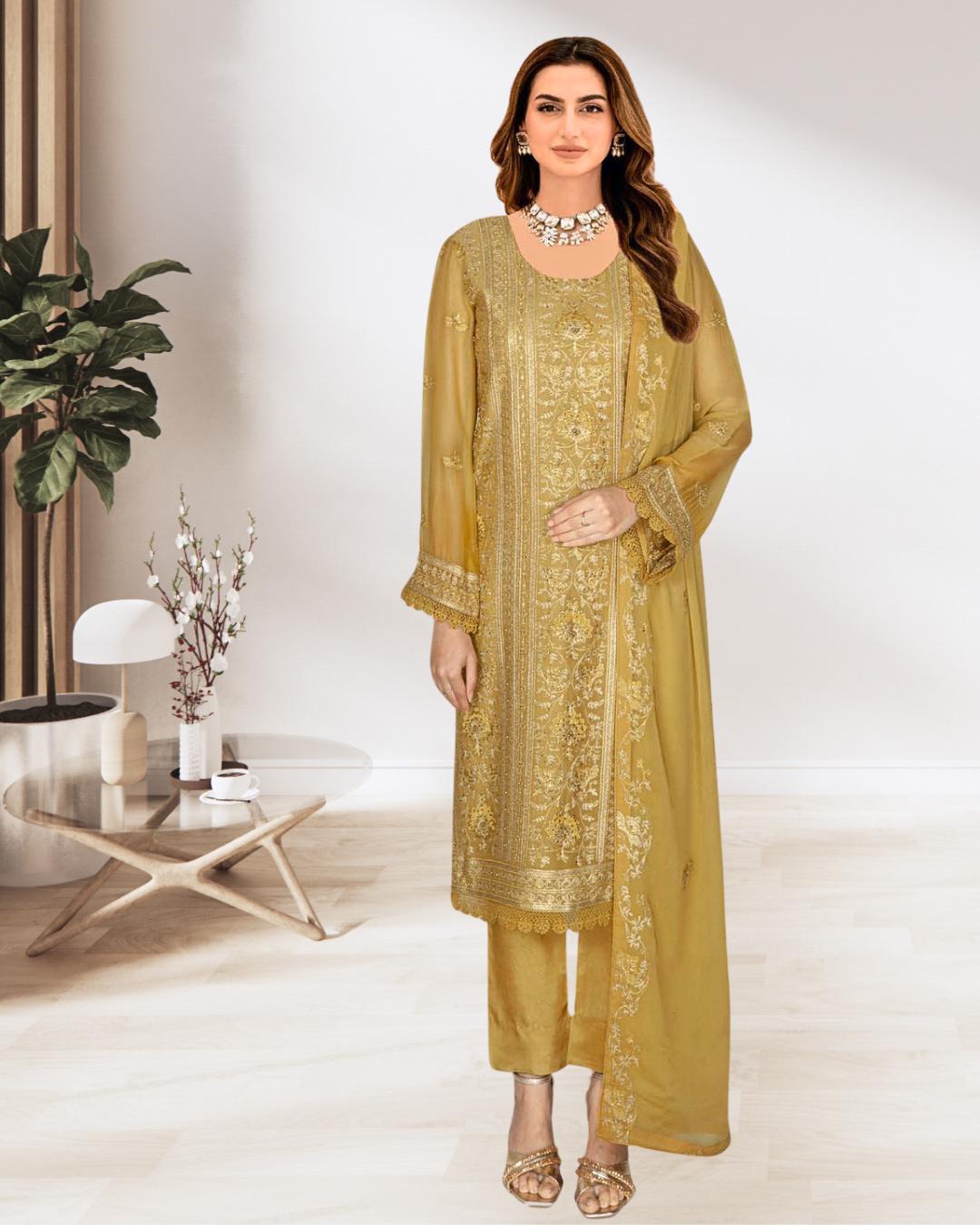 Shop French Chiffon Lightweight 3 Piece Dress by Malbusaat, versatile  at Malbusaat. Ready-made desi suits, Pakistani designer dresses online UK.