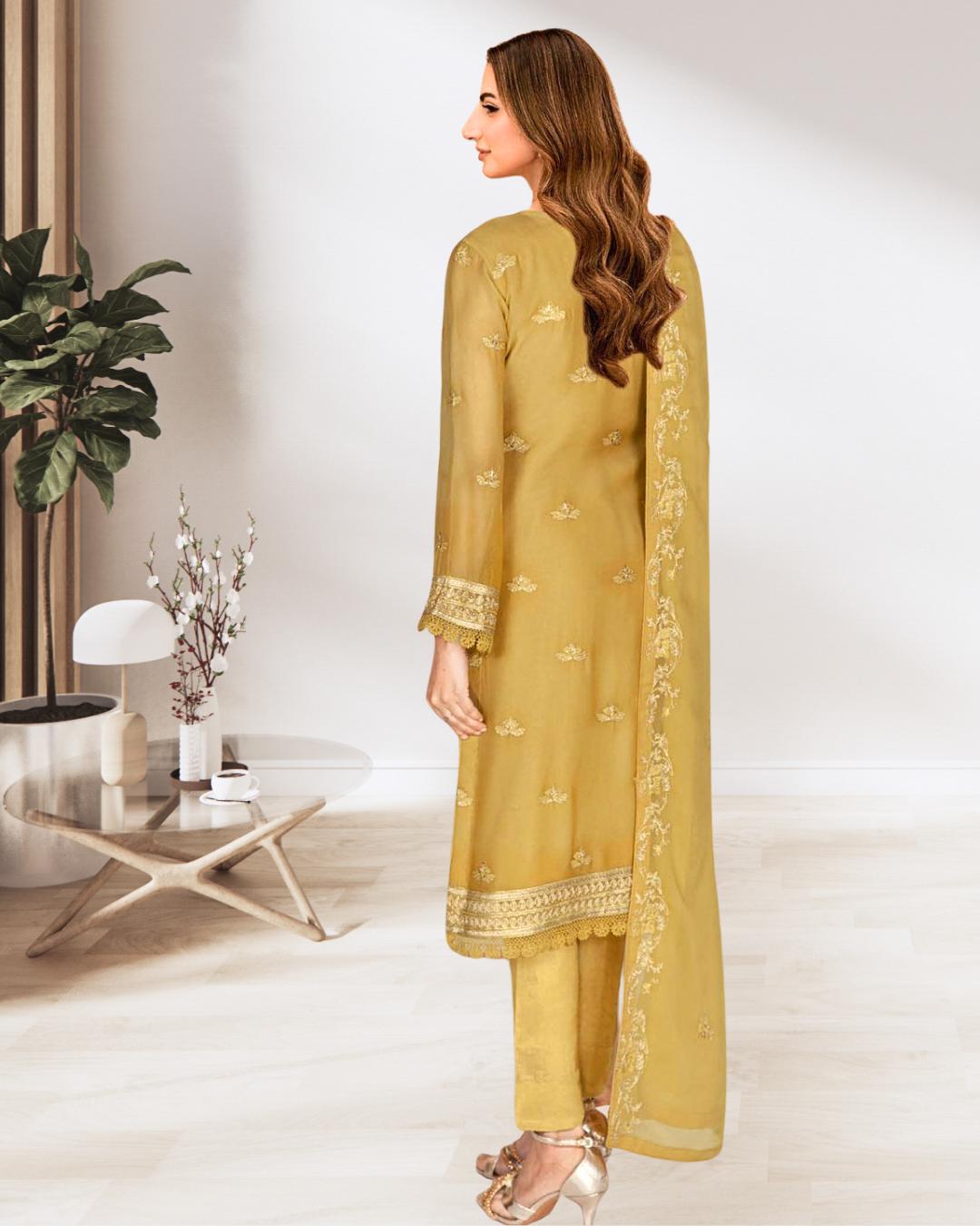 Shop French Chiffon Lightweight 3 Piece Dress by Malbusaat, versatile  at Malbusaat. Ready-made desi suits, Pakistani designer dresses online UK.