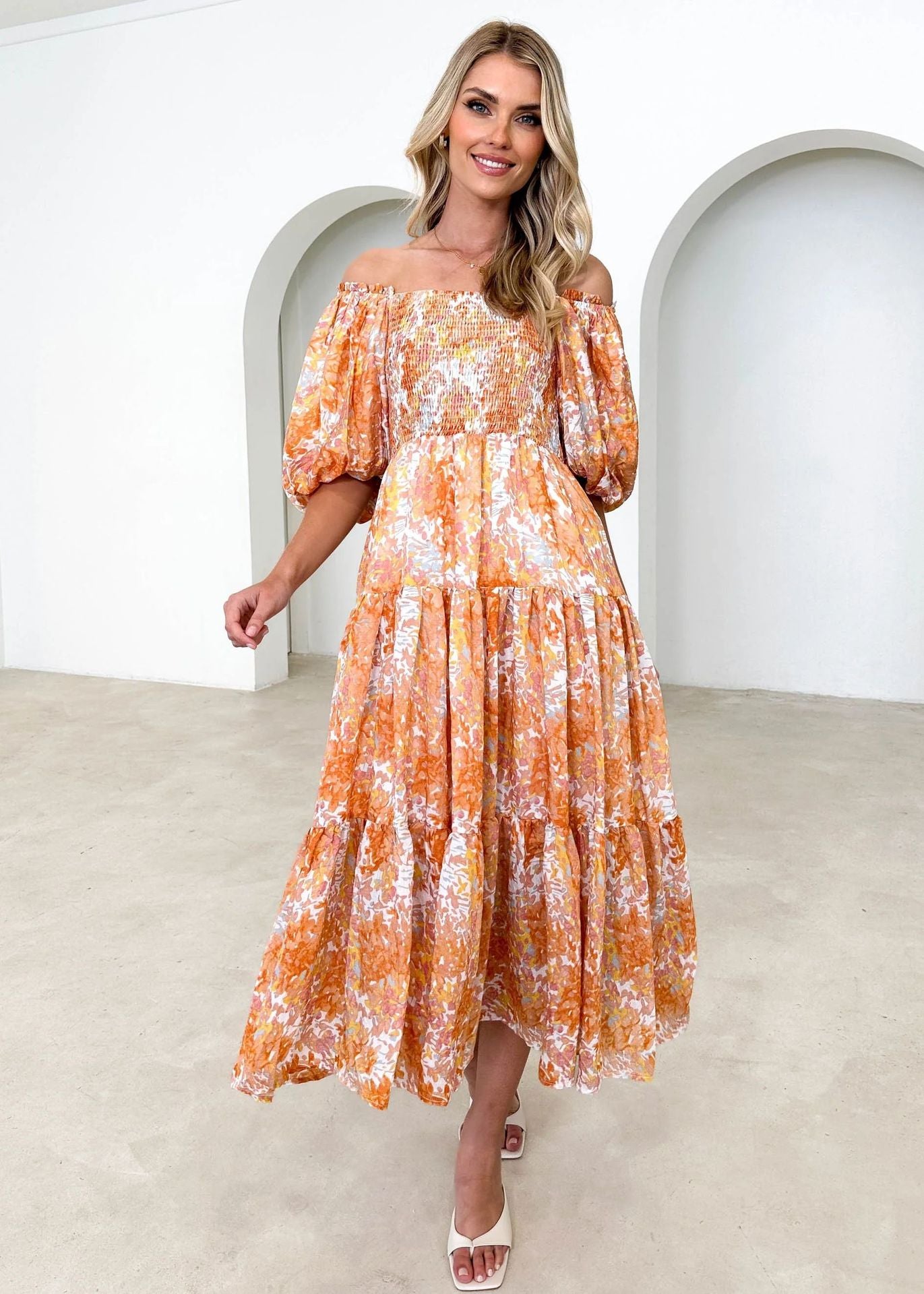 Shop French Tiered Off-Shoulder Summer Dress by Malbusaat, versatile  at Malbusaat. Ready-made desi suits, Pakistani designer dresses online UK.