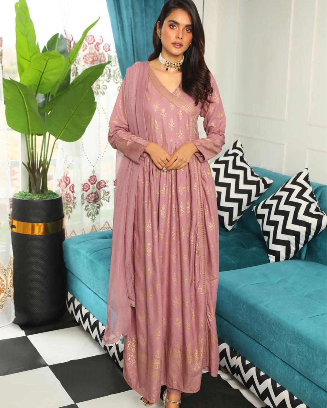 Shop Giselle Pink- Lilac Readymade Maxi Dress by Malbusaat, versatile  at Malbusaat. Ready-made desi suits, Pakistani designer dresses online UK.