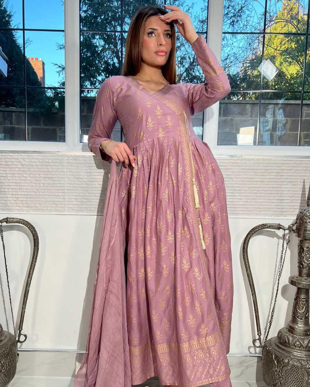 Shop Giselle Pink- Lilac Readymade Maxi Dress by Malbusaat, versatile  at Malbusaat. Ready-made desi suits, Pakistani designer dresses online UK.