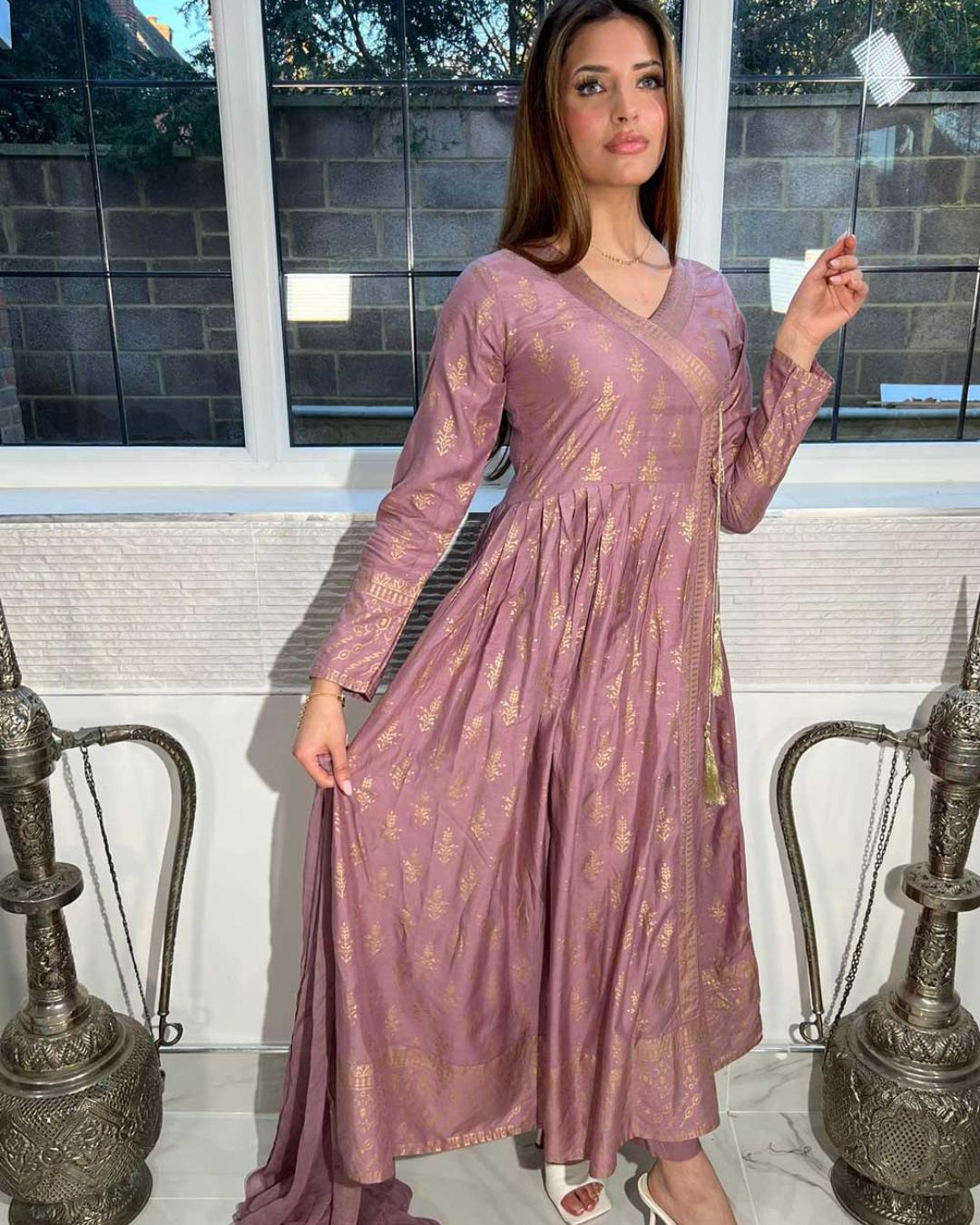 Shop Giselle Pink- Lilac Readymade Maxi Dress by Malbusaat, versatile  at Malbusaat. Ready-made desi suits, Pakistani designer dresses online UK.