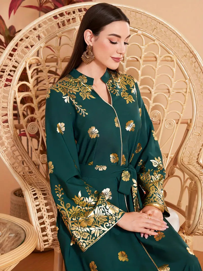 Shop Gold Floral Pattern Belted Maxi Dress by Malbusaat, versatile  at Malbusaat. Ready-made desi suits, Pakistani designer dresses online UK.