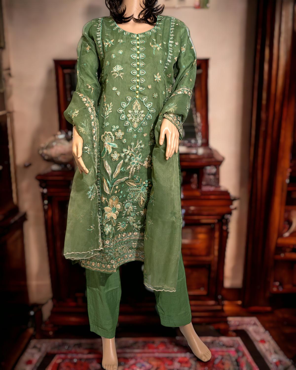 Shop Green 3-Piece Semi-Formal Dress by Malbusaat, versatile Pakistani Dress at Malbusaat. Ready-made desi suits, Pakistani designer dresses online UK.