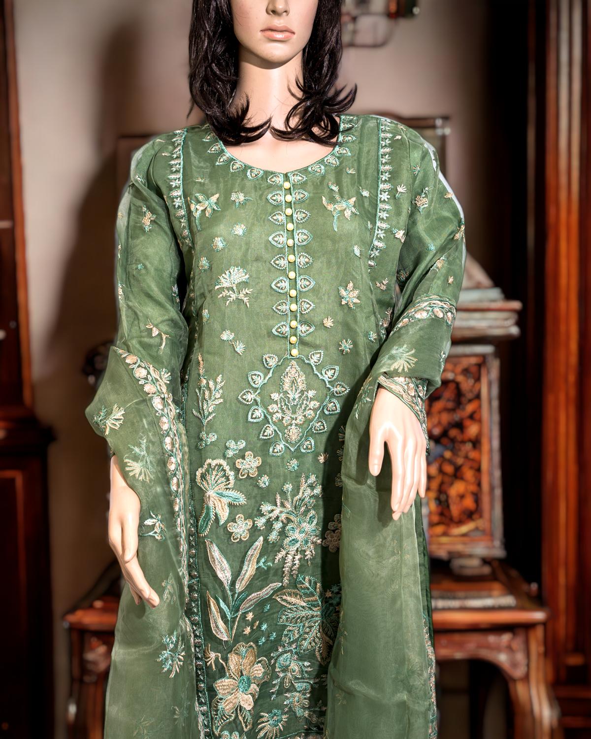 Shop Green 3-Piece Semi-Formal Dress by Malbusaat, versatile Pakistani Dress at Malbusaat. Ready-made desi suits, Pakistani designer dresses online UK.