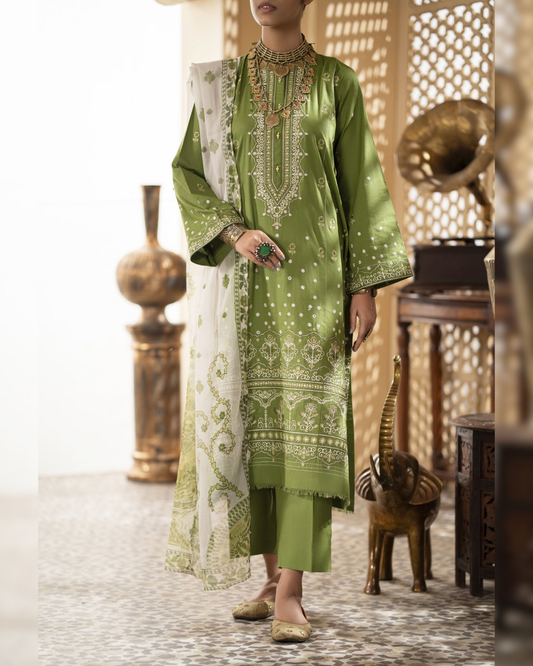 Shop Green Cotton Suit with Floral Patterns by Malbusaat, versatile Pakistani Dresses at Malbusaat. Ready-made desi suits, Pakistani designer dresses online UK.