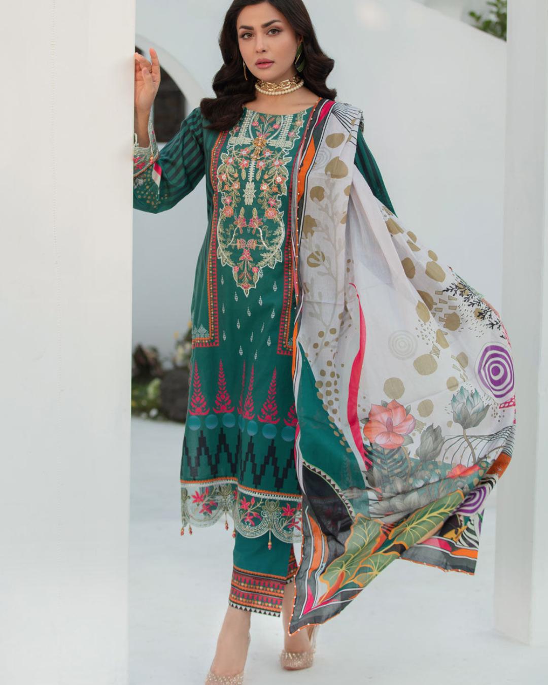 Shop Green Printed 3 Piece Suit by Malbusaat, versatile  at Malbusaat. Ready-made desi suits, Pakistani designer dresses online UK.