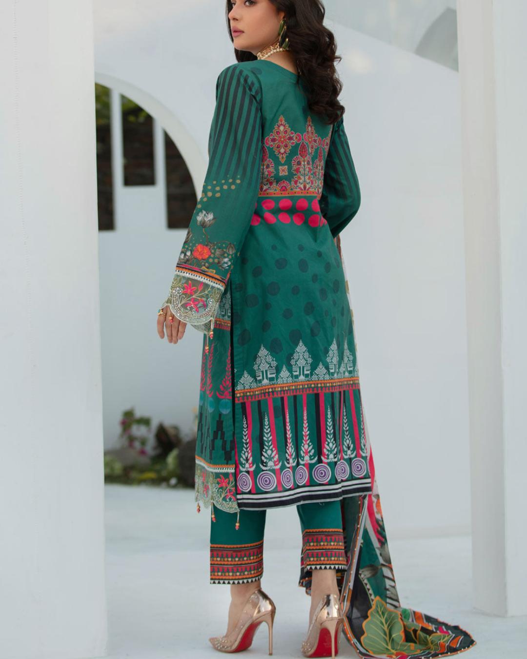 Shop Green Printed 3 Piece Suit by Malbusaat, versatile  at Malbusaat. Ready-made desi suits, Pakistani designer dresses online UK.