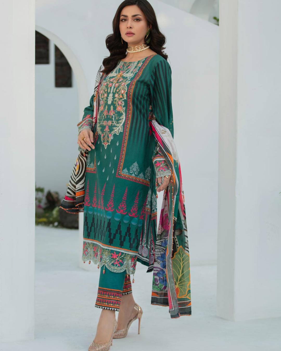 Shop Green Printed 3 Piece Suit by Malbusaat, versatile  at Malbusaat. Ready-made desi suits, Pakistani designer dresses online UK.