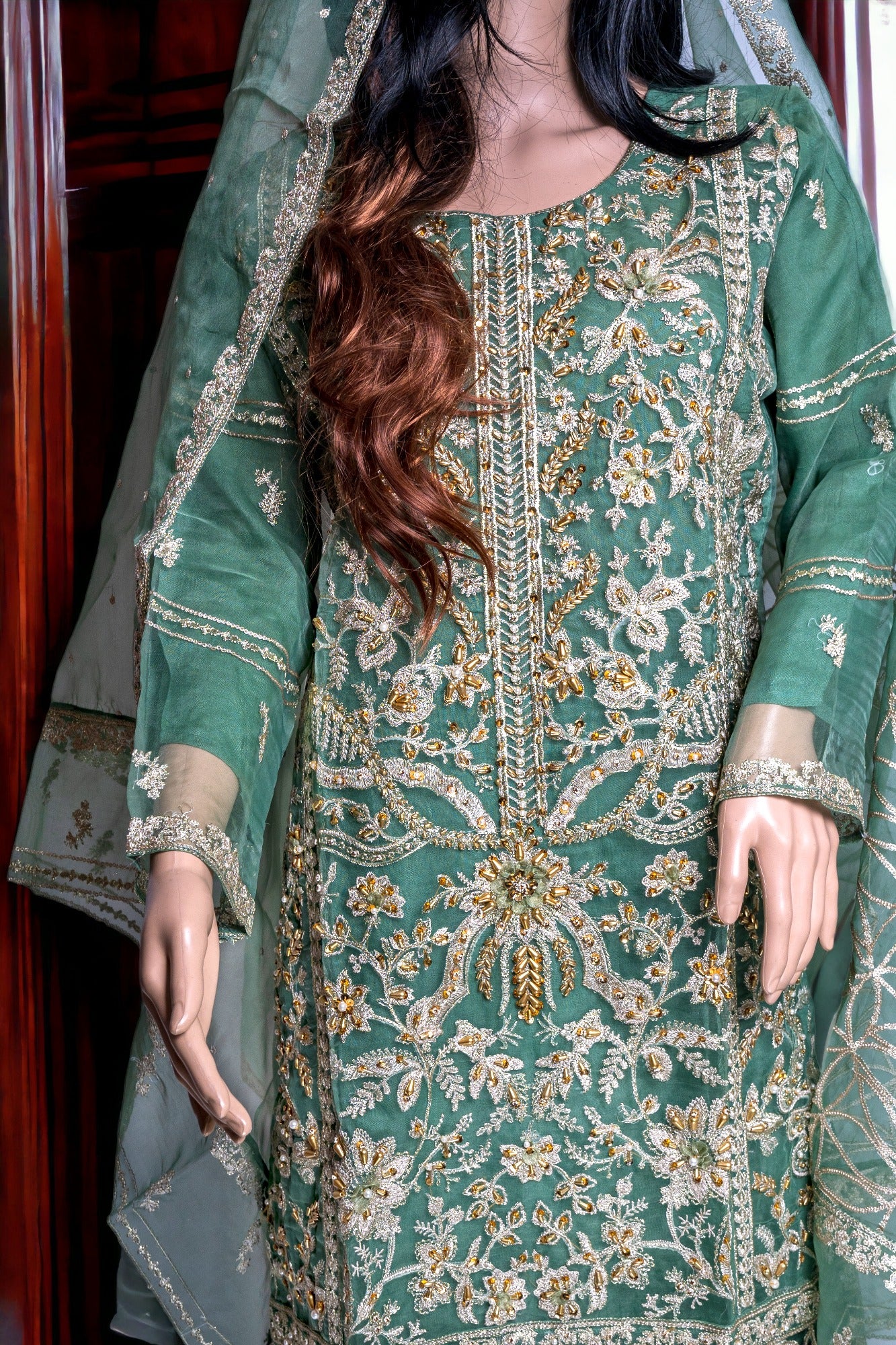 Shop HEAVY WORK FORMAL DRESS WITH ORGANZA DUPATTA by Malbusaat, versatile Pakistani Dress at Malbusaat. Ready-made desi suits, Pakistani designer dresses online UK.