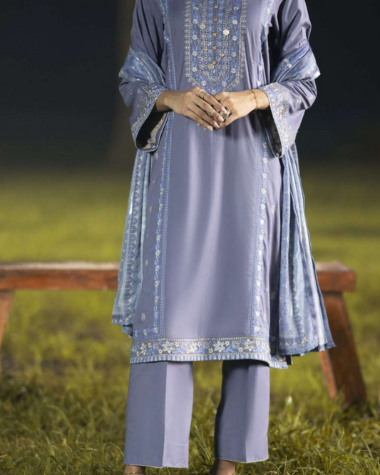 Shop Lavender Linen 3-Piece Dress by Malbusaat, versatile Pakistani Dresses at Malbusaat. Ready-made desi suits, Pakistani designer dresses online UK.