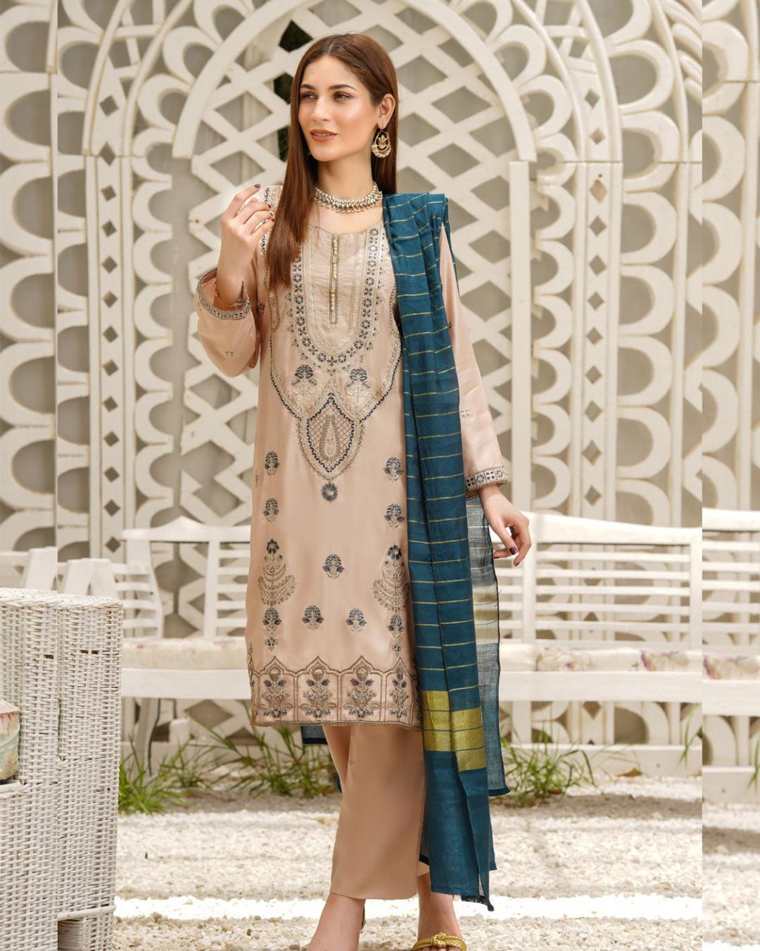 Shop Light Peach Viscose Dress by Malbusaat, versatile  at Malbusaat. Ready-made desi suits, Pakistani designer dresses online UK.