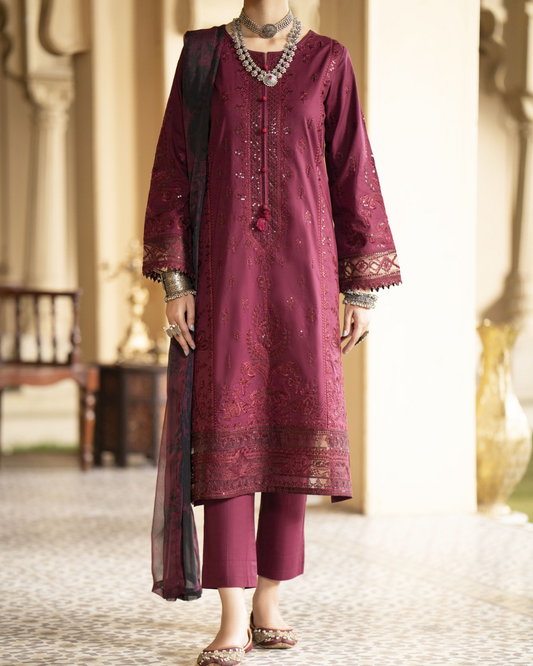 Maroon Cotton Suit Set in - Pakistani Dresses by Malbusaat