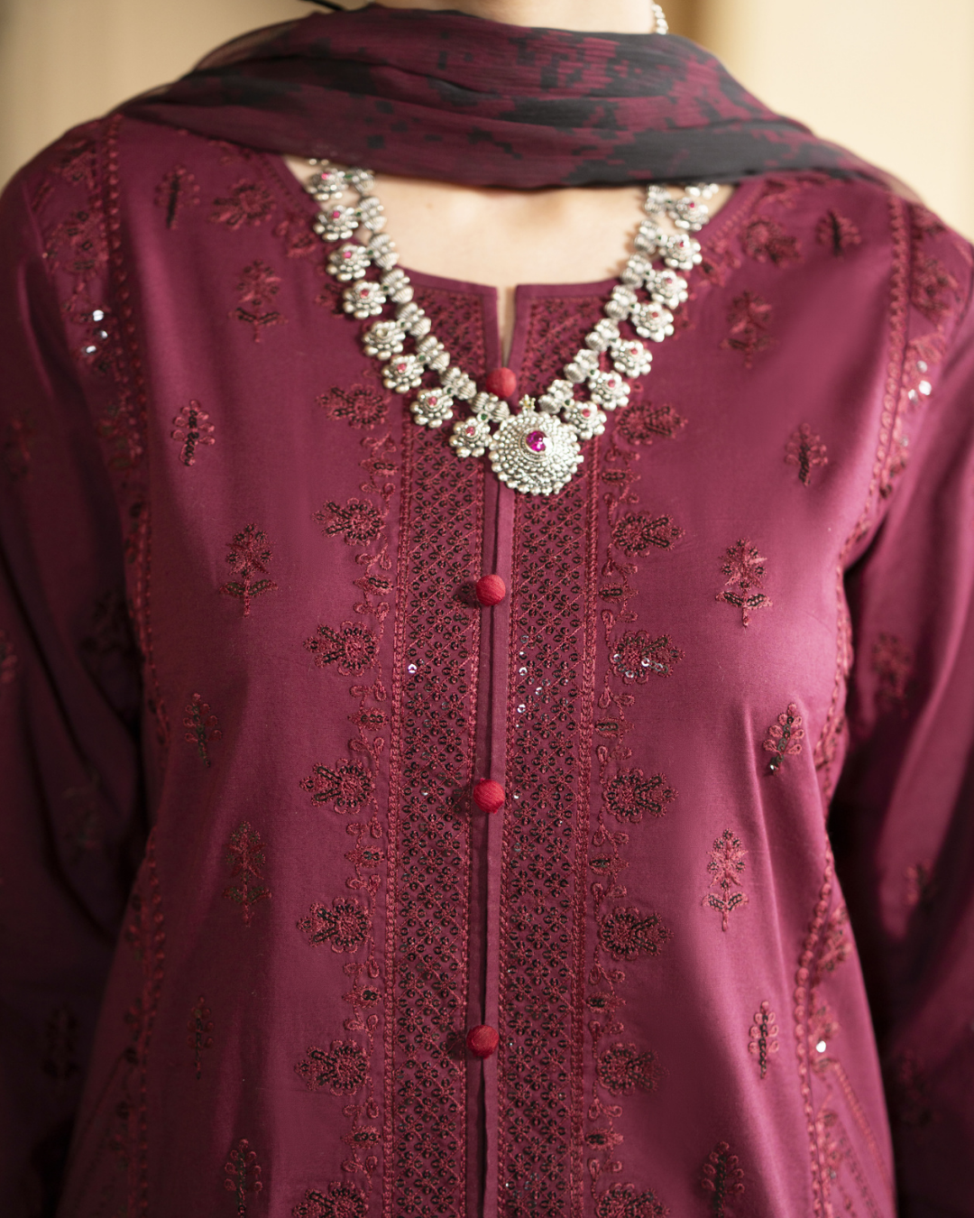 Shop Maroon Cotton Suit Set by Malbusaat, versatile Pakistani Dresses at Malbusaat. Ready-made desi suits, Pakistani designer dresses online UK.