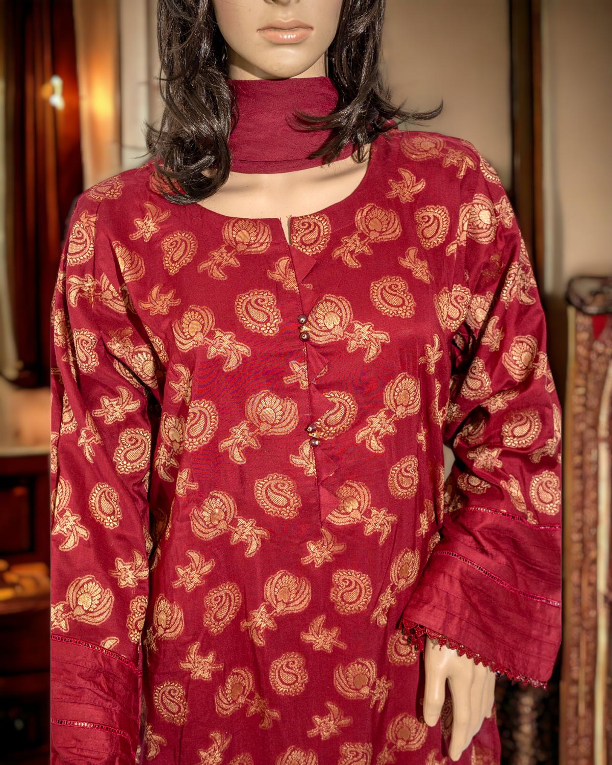 Shop Maroon Jacquard Print 3-Piece Suit by Malbusaat, versatile Pakistani Dress at Malbusaat. Ready-made desi suits, Pakistani designer dresses online UK.