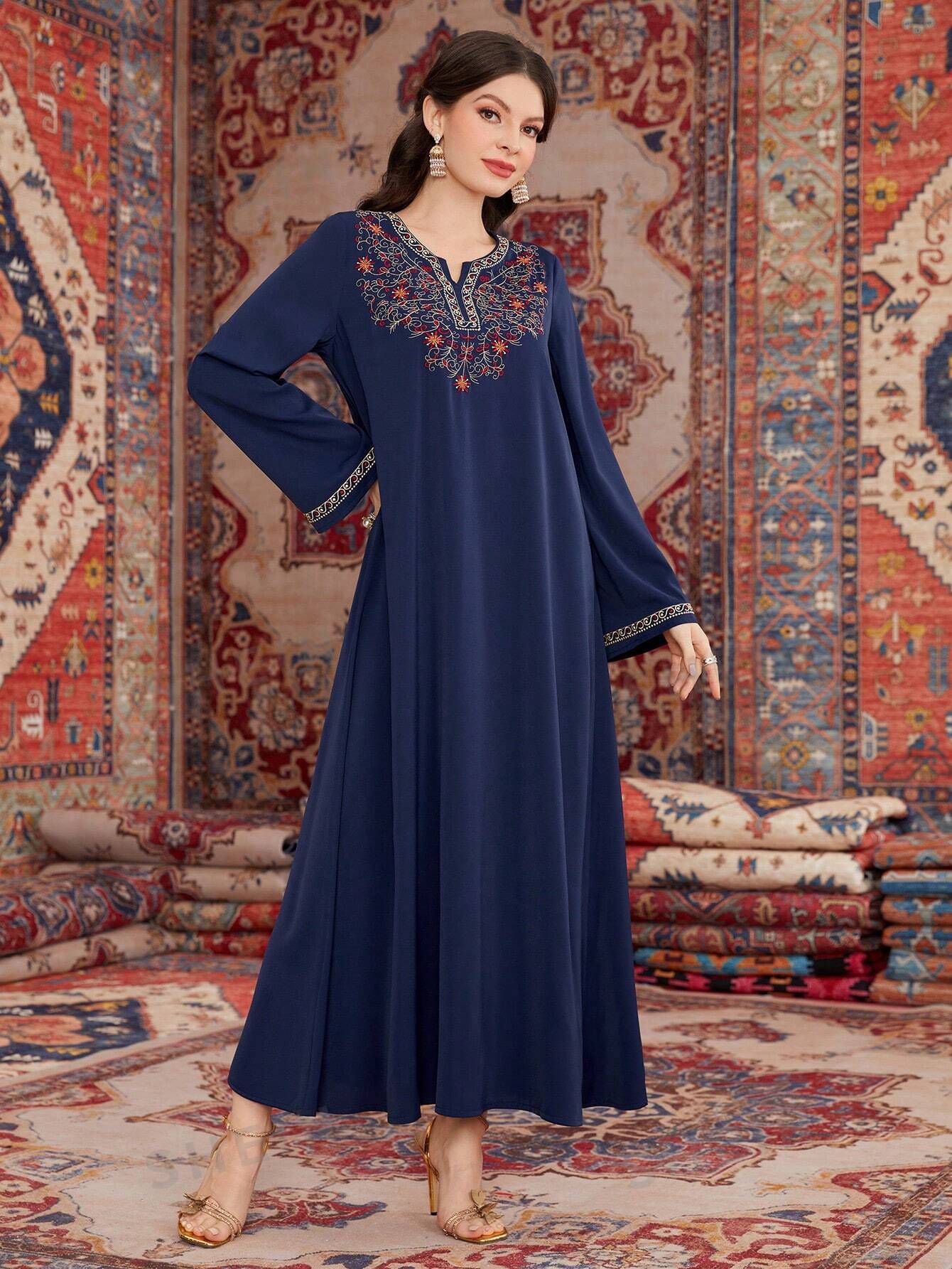 Shop Modest Navy Maxi with Tribal Embroidery by Malbusaat, versatile Maxi Dress at Malbusaat. Ready-made desi suits, Pakistani designer dresses online UK.