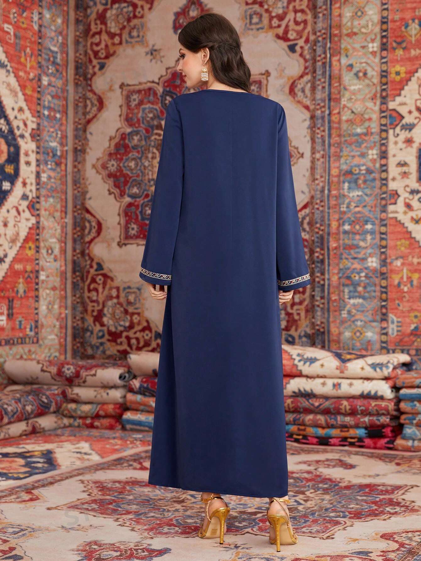 Shop Modest Navy Maxi with Tribal Embroidery by Malbusaat, versatile Maxi Dress at Malbusaat. Ready-made desi suits, Pakistani designer dresses online UK.