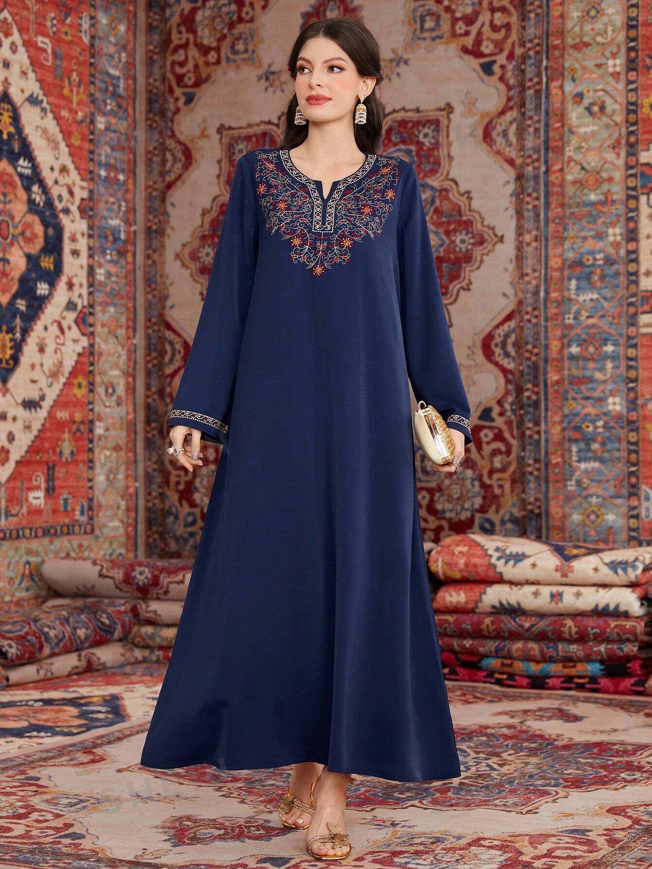 Shop Modest Navy Maxi with Tribal Embroidery by Malbusaat, versatile Maxi Dress at Malbusaat. Ready-made desi suits, Pakistani designer dresses online UK.