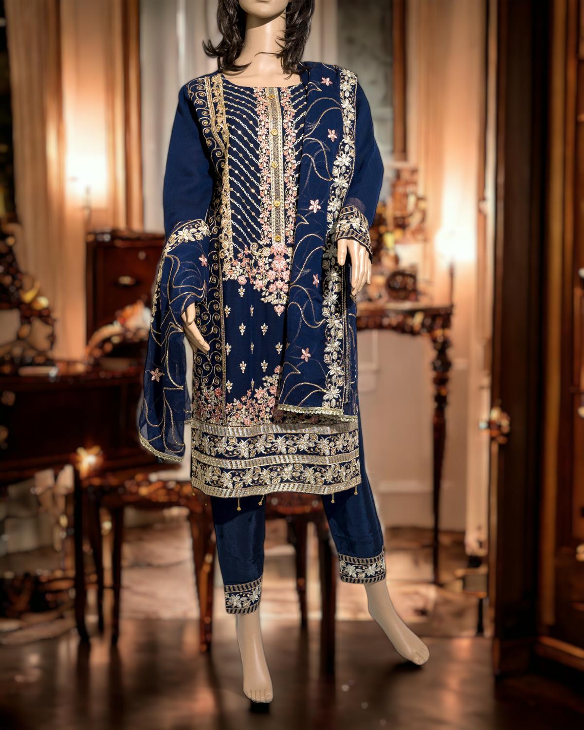 Shop Navy 3-Piece Embroidery Dress by Malbusaat, versatile Pakistani Dress at Malbusaat. Ready-made desi suits, Pakistani designer dresses online UK.