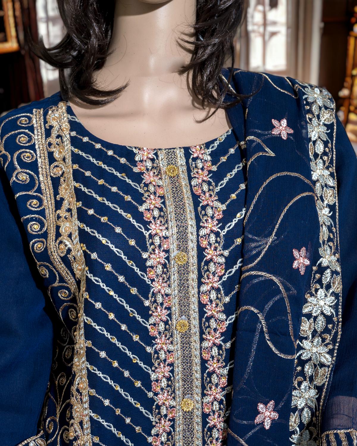 Shop Navy 3-Piece Embroidery Dress by Malbusaat, versatile Pakistani Dress at Malbusaat. Ready-made desi suits, Pakistani designer dresses online UK.