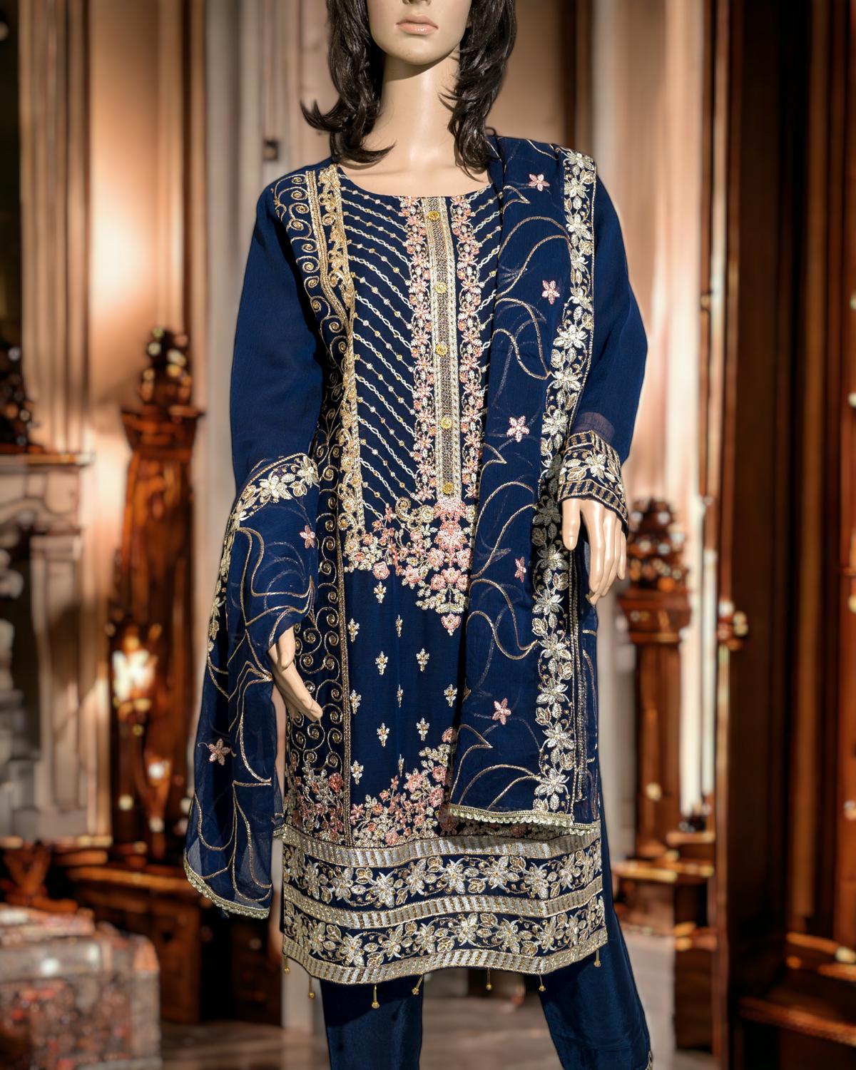 Shop Navy 3-Piece Embroidery Dress by Malbusaat, versatile Pakistani Dress at Malbusaat. Ready-made desi suits, Pakistani designer dresses online UK.