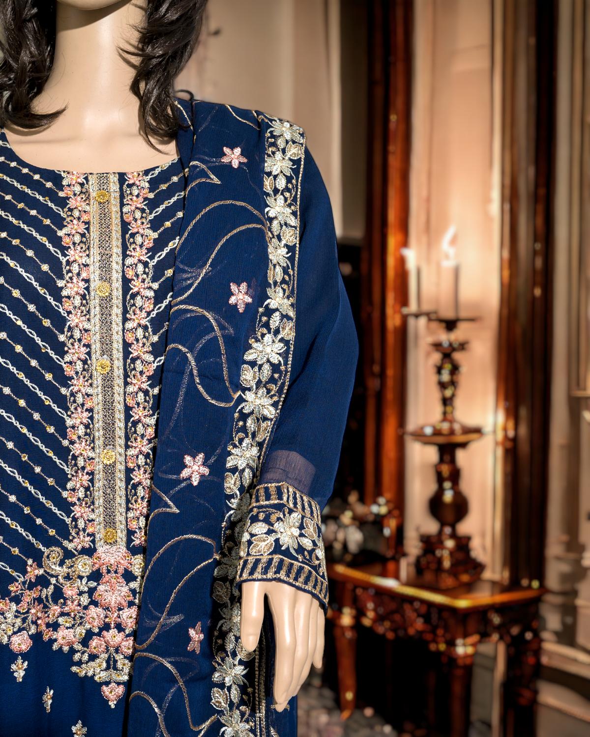 Shop Navy 3-Piece Embroidery Dress by Malbusaat, versatile Pakistani Dress at Malbusaat. Ready-made desi suits, Pakistani designer dresses online UK.