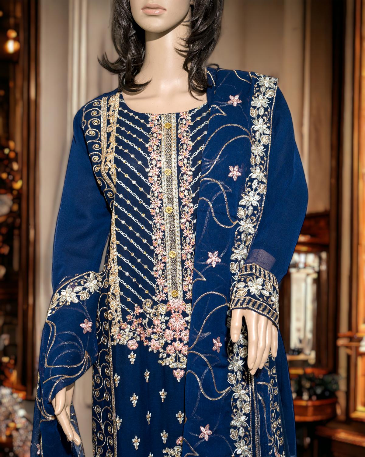 Shop Navy 3-Piece Embroidery Dress by Malbusaat, versatile Pakistani Dress at Malbusaat. Ready-made desi suits, Pakistani designer dresses online UK.