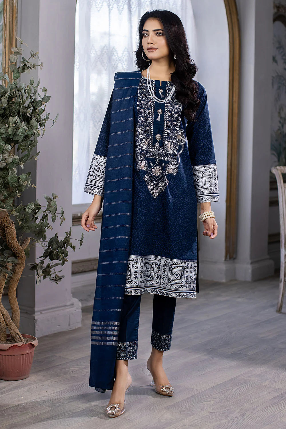 Shop Navy Embroidery Cotton Lawn Suit by Malbusaat, versatile Pakistani Dress at Malbusaat. Ready-made desi suits, Pakistani designer dresses online UK.