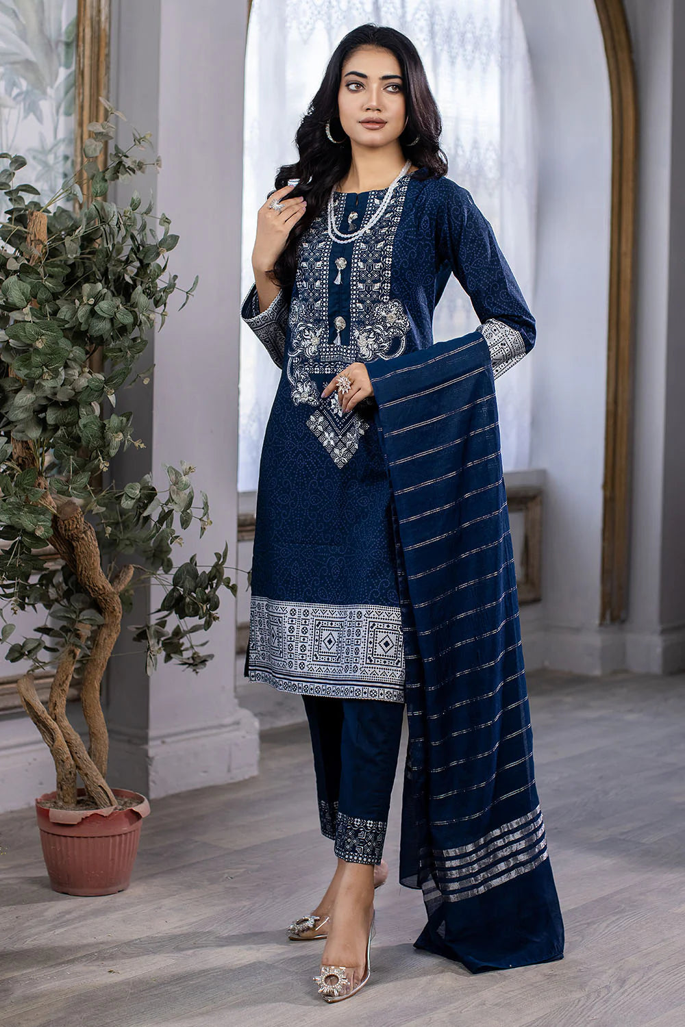 Shop Navy Embroidery Cotton Lawn Suit by Malbusaat, versatile Pakistani Dress at Malbusaat. Ready-made desi suits, Pakistani designer dresses online UK.