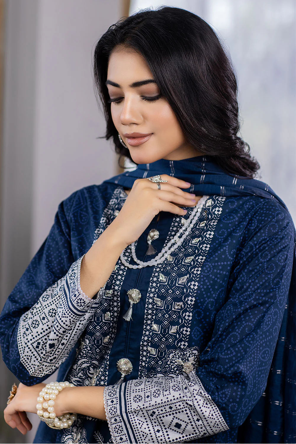 Shop Navy Embroidery Cotton Lawn Suit by Malbusaat, versatile Pakistani Dress at Malbusaat. Ready-made desi suits, Pakistani designer dresses online UK.