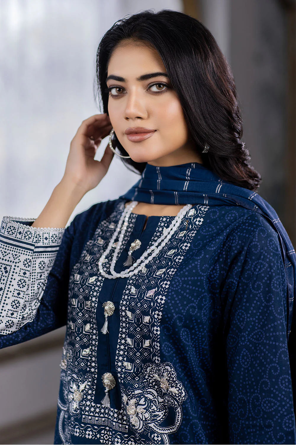 Shop Navy Embroidery Cotton Lawn Suit by Malbusaat, versatile Pakistani Dress at Malbusaat. Ready-made desi suits, Pakistani designer dresses online UK.