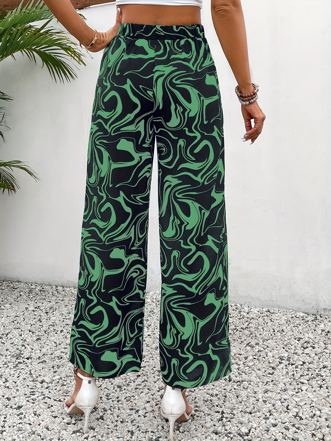 High-Waist Marble Print Straight-Leg Trousers